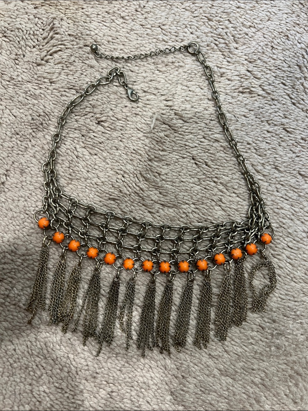 Vintage-Inspired Orange Bead Fringe Statement Necklace